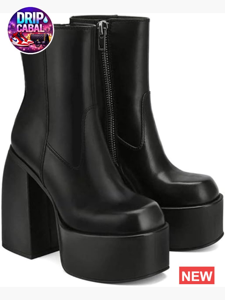 Chunky High Heel Square Toe Ankle Boots With Side Zipper Platform
